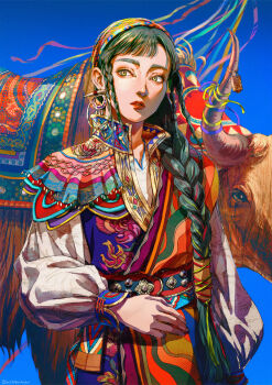  1girl absurdres androgynous bell black_hair braid brown_eyes bull cowbell day earrings embroidery highres iranian_clothes jewelry kaftan_(clothes) long_hair long_sleeves looking_to_the_side makeup micho original ribbon saddle_blanket sky tassel 