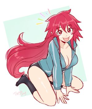  1girl artist_name black_socks blue_jacket breasts buruma cleavage collarbone commentary demon_girl english_commentary fang hair_between_eyes highres itadaki!_seieki! jacket kneeling large_breasts long_hair open_mouth partially_unzipped pointy_ears red_eyes red_hair setogaya_mari smile socks solo topsieturvy white_background zipper_pull_tab 