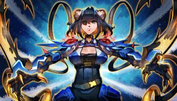  1girl animal_ears armor black_hair blue_armor breasts brown_hair cleavage duel_monster green_eyes hat highres jacket k9-17_izuna large_breasts police police_uniform shaded_face short_hair solo sonic1nstinct transformation weasel_ears weasel_girl yu-gi-oh! yu-gi-oh!_master_duel 