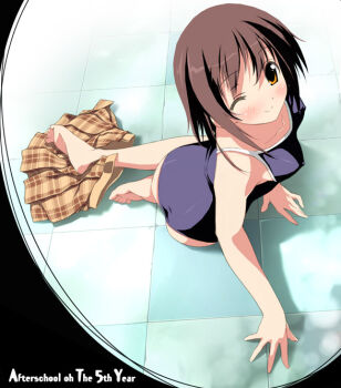 1girl barefoot breasts brown_hair covered_erect_nipples feet female_focus kantoku medium_breasts one-piece_swimsuit one_eye_closed orange_eyes original purple_one-piece_swimsuit purple_school_swimsuit school_swimsuit short_hair skirt smile soles solo swimsuit wink rating:Questionable score:13 user:danbooru
