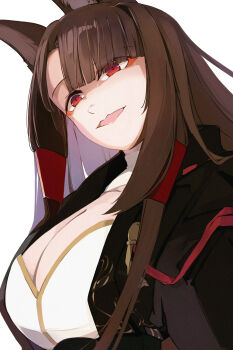  1girl akagi_(azur_lane) animal_ears azur_lane black_kimono breasts brown_hair cleavage commentary_request evil_smile eyeshadow fox_ears fox_girl from_below hair_ornament hairclip highres japanese_clothes kimono large_breasts long_hair looking_at_viewer looking_down makeup open_clothes open_kimono orange_eyes red_eyes red_eyeshadow shaded_face shika_(shika0) smile solo upper_body very_long_hair 