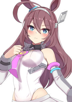  1girl ahoge animal_ears bare_shoulders blue_eyes blush breasts brown_hair closed_mouth commentary_request detached_sleeves grey_hairband grey_leotard grey_sleeves hair_between_eyes hairband highleg highleg_leotard highres horse_ears horse_girl large_breasts leotard long_hair looking_at_viewer lowleg lowleg_skirt mihono_bourbon_(mb-19890425)_(umamusume) mihono_bourbon_(umamusume) nanao_(naoekaki25) necktie necktie_overhang pink_necktie silver_hairband simple_background skirt solo umamusume upper_body white_background white_leotard 