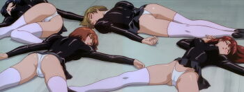  4girls absurdres agent_aika aika_(series) anime_screenshot ass black_delmo cameltoe closed_eyes defeat delmo delmogeny_uniform female_focus highres lying multiple_girls on_floor on_ground panties ryona stitched studio_fantasia third-party_edit unconscious underwear white_panties 