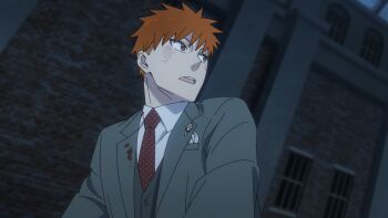  1boy bleach blood blood_on_clothes cosplay floppydisk7000 formal_clothes from_below green_jacket green_suit green_vest highres jacket kurosaki_ichigo looking_to_the_side male_focus necktie open_mouth orange_eyes orange_hair parody polka_dot_necktie red_necktie solo spy_x_family style_parody suit third-party_source twilight_(spy_x_family) twilight_(spy_x_family)_(cosplay) upper_body vest 