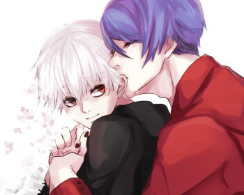  2boys biting biting_ear black_eyes black_hoodie black_nails blue_hair closed_mouth commentary_request couple hair_between_eyes half-closed_eyes heterochromia hood hood_down hoodie hug hug_from_behind kaneki_ken light_smile long_sleeves male_focus multiple_boys profile red_eyes red_shirt shirt shishi_(eai_make) short_hair simple_background swept_bangs tokyo_ghoul tsukiyama_shuu upper_body very_short_hair white_background white_hair yaoi 