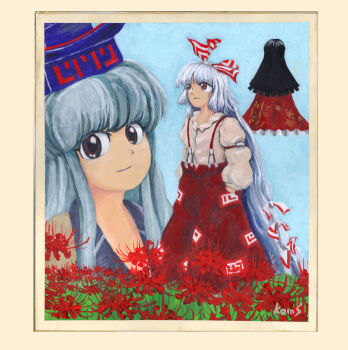  3girls black_hair blue_dress blue_hair blue_hat border bow brown_eyes commentary_request dress flower fujiwara_no_mokou hair_bow hat hime_cut houraisan_kaguya kamishirasawa_keine kams long_hair looking_at_viewer multiple_girls pants red_eyes red_pants red_skirt shirt skirt spider_lily suspenders touhou traditional_media very_long_hair white_hair white_shirt zun_(style) 