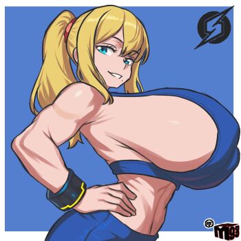  1girl blonde_hair blue_eyes breasts female_focus hand_on_own_hip huge_breasts long_hair looking_at_viewer metroid metroid_fusion mewmaster93 mole mole_under_mouth muscular muscular_female nintendo ponytail samus_aran sideboob simple_background solo super_smash_bros. wrist_cuffs  rating:Sensitive score:24 user:catonfire26