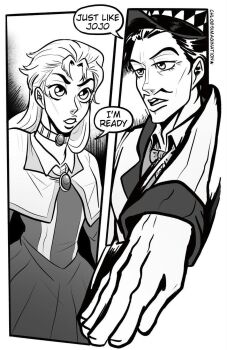  1girl 2boys comic couple english_text erina_pendleton hamon highres husband_and_wife jojo_no_kimyou_na_bouken jonathan_joestar master_and_apprentice master_and_pupil multiple_boys speech_bubble will_anthonio_zeppeli  rating:General score:1 user:Dasoap175