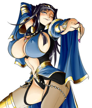  1girl bikini black_hair blunt_bangs bracelet breasts bridal_gauntlets cape circlet cleavage covered_erect_nipples crotchless embarrassed female_focus fire_emblem fire_emblem_awakening graph_(graphiteknight) hair_ornament huge_breasts jewelry large_breasts long_hair looking_at_viewer nail_polish navel nintendo nipples one_eye_closed open_mouth pantyhose pointing pointing_at_viewer purple_eyes purple_hair sideboob simple_background smile solo swimsuit tharja_(fire_emblem) thighs tiara two_side_up white_background wink  rating:Questionable score:38 user:Megaericzero