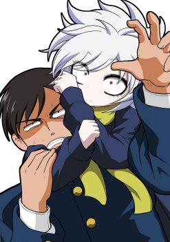  1boy 1girl absurdres bishoujo_rikishi black_eyes check_commentary commentary_request constricted_pupils eyebrows_hidden_by_hair gakuran highres let's_go_kaikigumi looking_at_viewer mechako_(let's_go_kaikigumi) messy_hair partially_shaded_face protagonist_(let's_go_kaikigumi) red_eyes sanpaku scarf school_uniform simple_background sleeper_hold sweat white_background white_hair wide-eyed yellow_scarf 