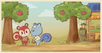  animal_crossing apple_tree bag blouse border brown_shirt handbag highres ione_(animal_crossing) lilpineycone nature nintendo poppy_(animal_crossing) shirt squirrel tree whispering white_border white_shirt  rating:Sensitive score:3 user:liquorice