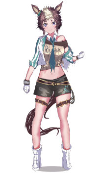  1girl 323mihumi absurdres animal_ears aqua_necktie black_shorts blush breasts brown_hair brown_shirt closed_mouth commentary_request cropped_jacket full_body gloves green_necktie highres horse_ears horse_girl horse_tail jacket looking_at_viewer mejiro_ryan_(down_the_line)_(umamusume) mejiro_ryan_(umamusume) midriff multicolored_hair navel necktie shirt shirt_under_shirt short_hair shorts simple_background smile solo standing striped_clothes striped_jacket tail tied_shirt two-tone_hair umamusume vertical-striped_clothes vertical-striped_jacket white_background white_gloves white_hair white_jacket 