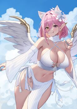  1girl :q absurdres animal_ear_fluff animal_ears blue_nails blue_sky bow breasts cat_ears cleavage cloud commission criss-cross_halter crop_top detached_sleeves ear_ornament earrings evolved_virgin_killer_sweater eyelashes faelinya_(vtuber) feathered_wings grey_nails hair_between_eyes hair_bow halterneck heart heterochromia highres indie_virtual_youtuber jewelry large_breasts looking_at_viewer midriff mole mole_on_breast mole_under_eye mole_under_mouth multiple_moles navel pelvic_curtain pink_hair pointy_ears purple_eyes ramachiru ribbed_bikini ribbed_sleeves second-party_source short_hair skeb_commission sky smile solo sweater tassel tongue tongue_out turtleneck turtleneck_sweater virtual_youtuber white_bow white_sleeves white_wings wings yellow_eyes 
