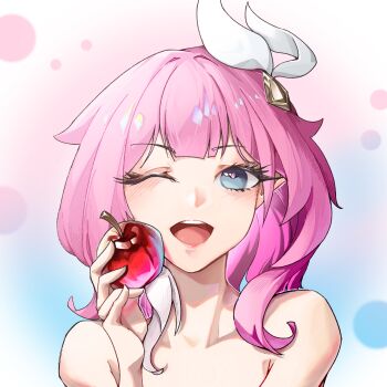  1girl ;o apple blue_eyes chinese_commentary commentary_request cyrene_(honkai:_star_rail) cyrene_(philia093)_(honkai:_star_rail) food fruit hair_ornament highres holding holding_food holding_fruit honkai:_star_rail honkai_(series) multicolored_hair nude one_eye_closed oufuoujifuji pink_hair pointy_ears short_hair solo two-tone_hair upper_body white_hair 