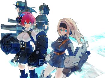  absurdres belt black_hair blue_eyes breasts brown_hair cerauniae cosmic_break cross dress gatling_gun gauntlets hairband hanna_fritz hat headphones highres iron_cross kuhl large_breasts leg_armor lisel_zweig long_hair looking_at_viewer mecha_musume military_uniform multiple_girls nora_schneid pile_bunker red_eyes red_hair shirt short_hair skirt soldier thighhighs white_shirt 