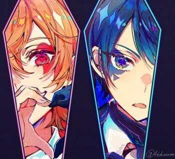  2boys black_background blue_eyes blue_hair character_request close-up commentary_request copyright_name copyright_request fingernails grin hair_between_eyes hand_up heart heart_tattoo looking_at_viewer multiple_boys orange_hair parted_lips red_eyes short_hair smile tattoo tawan_(46okuneeen) teeth twitter_username upper_body 