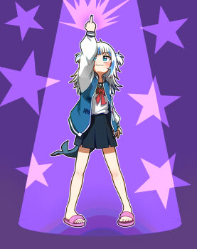 1girl :3 arm_up black_skirt blue_eyes blue_jacket blue_streaks commentary_request ddolbang feet fins fish_tail full_body gawr_gura highres hololive hololive_english jacket korean_commentary middle_finger multicolored_hair open_clothes open_jacket pink_sandals purple_background red_ribbon ribbon sandals school_uniform shark_girl shark_tail shirt skirt solo spread_legs standing star_(symbol) star_symbol_background streaked_hair tail toes virtual_youtuber white_hair white_shirt white_sleeves