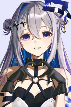  1girl absurdres amane_kanata bare_shoulders black_choker black_gloves black_jacket black_nails black_sports_bra blue_halo choker collarbone commentary_request crossed_bangs four-finger_heart_hands gloves grey_background grey_hair halo heart heart_hands highres hololive jacket jewelry long_hair long_sleeves looking_at_viewer mini_wings multicolored_nails nail_polish necklace o-ring o-ring_choker parted_bangs parted_lips purple_eyes salvation48931 simple_background single_hair_intake smile solo sports_bra star_halo upper_body virtual_youtuber wings 