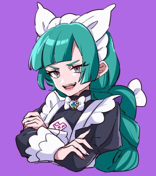  1girl :d black_dress commentary_request cropped_torso crossed_arms dress eyelashes green_hair highres juliet_sleeves kino_haruc lebanne_(pokemon) long_hair long_sleeves looking_at_viewer maid maid_headdress nintendo open_mouth pokemon pokemon_legends:_z-a puffy_sleeves smile solo teeth upper_teeth_only 