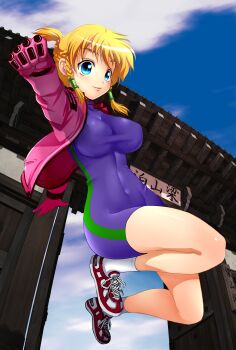  1girl absurdres anime_coloring blonde_hair blue_eyes blush bodysuit braid breasts clenched_hand closed_mouth cloud commentary_request fuurinji_miu gate gloves half_up_braid highres impossible_clothes jacket large_breasts long_sleeves matsuena_shun mole mole_under_eye official_art open_clothes open_jacket outstretched_arm pink_gloves pink_jacket purple_bodysuit shijou_saikyou_no_deshi_ken'ichi shoes skin_tight sky smile sneakers socks solo tareme taut_bodysuit thighs unitard white_socks 