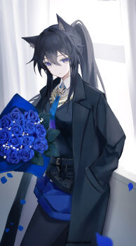  1girl absurdres animal_ear_fluff animal_ears arknights black_coat black_hair black_pantyhose black_vest blue_eyes blue_flower blue_rose blue_shorts bouquet closed_mouth coat collared_shirt commentary cowboy_shot falling_petals flower hair_between_eyes hand_in_pocket highres holding holding_bouquet long_hair long_sleeves looking_at_viewer multicolored_eyes nianamo61 pantyhose petals ponytail rose rose_petals shirt short_shorts shorts sidelocks solo standing texas_(arknights) texas_the_omertosa_(arknights) twitter_username two-tone_eyes unamused vest watermark white_shirt wolf_ears wolf_girl yellow_eyes 