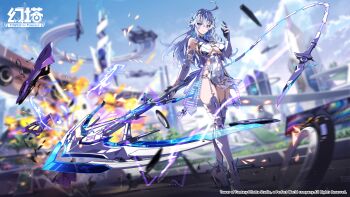 1girl absurdres blue_eyes blue_nails blue_sky blurry blurry_background boots breasts character_request closed_mouth cloud commentary_request copyright_name day depth_of_field full_body gloves grey_hair hair_between_eyes hand_up hayakawa_harui high_heel_boots high_heels highres holding holding_weapon large_breasts leotard long_hair nail_polish official_art outdoors partially_fingerless_gloves see-through_clothes sky smile solo standing thigh_boots tower_of_fantasy very_long_hair weapon weapon_request white_boots white_gloves white_leotard 