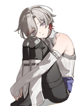  1boy absurdres arm_around_leg bare_shoulders black_pants blue_eyes chinese_commentary commentary_request detached_sleeves genshin_impact head_on_knees highres illuga_(genshin_impact) looking_at_viewer male_focus mole mole_under_eye multicolored_hair pants parted_lips red_pupils scar scar_on_neck sitting solo watermark white_background yiyiyiyi670 