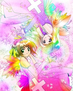  2girls aqua_bow back_bow bad_id black_hair blue_eyes bow brown_hair cardcaptor_sakura closed_mouth colorful daidouji_tomoyo detached_sleeves detached_wings dress green_eyes hair_intakes hair_ribbon kinomoto_sakura long_hair long_sleeves looking_at_viewer looking_to_the_side multicolored_hair multicolored_wings multiple_girls namamo_nanase orange_wings own_hands_together pink_dress pink_sleeves purple_dress purple_sleeves rainbow_hair red_bow red_wings ribbon rotational_symmetry short_hair sleeves_past_wrists smile wings yellow_wings 