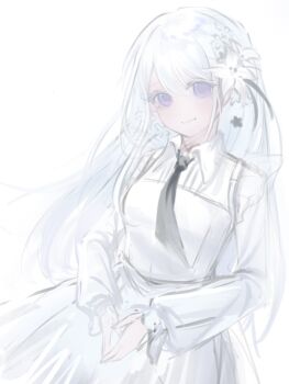  1girl bang_dream! bang_dream!_our_notes black_necktie commentary flower hair_flower hair_ornament hashtag-only_commentary highres long_hair looking_at_viewer necktie own_hands_together purple_eyes shiomi_hotaru shirt shoushud simple_background solo white_background white_hair white_shirt 