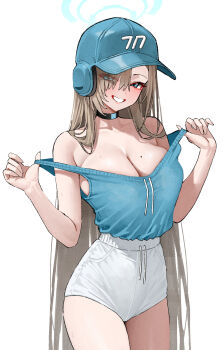  1girl asuna_(blue_archive) baseball_helmet blonde_hair blue_archive blue_eyes breasts choker cleavage grin halo helmet highres kono_(xerondan321) large_breasts long_hair mole mole_on_breast short_shorts shorts simple_background smile white_background  rating:Sensitive score:17 user:danbooru