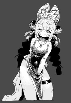  1girl :3 absurdres alternate_breast_size_(larger) alternate_costume alternate_height animal_ear_fluff animal_ear_piercing animal_ears armlet blush braid braided_twintails breast_cutout breasts china_dress chinese_clothes closed_mouth cowboy_shot cropped_legs dress dumb_s1ayer furry furry_female grey_background greyscale highres holding holding_sword holding_weapon jewelry large_breasts long_hair looking_at_another looking_at_viewer monochrome pelvic_curtain rabbit_ears rabbit_girl screw short_eyebrows solo sword thick_eyebrows thigh_strap weapon zenless_zone_zero zhao_(zenless_zone_zero) 