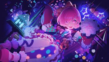  1girl :p ankle_socks anklet aqua_dress asymmetrical_legwear asymmetrical_sleeves blue_dress blue_pupils bow breasts buttons colorful_palette cross-laced_clothes cross-laced_dress dot_nose dress dutch_angle earrings empty_eyes ferris_wheel flipped_hair frilled_anklet frilled_dress frilled_sleeves frills full_body fur-trimmed_dress fur-trimmed_sleeves fur_trim game_cg glowing_clothes hair_bow hands_up highres jewelry layered_dress layered_sleeves long_sleeves mary_janes multicolored_dress neck_ribbon official_alternate_costume official_alternate_hairstyle official_art ootori_emu pantyhose phenny_(project_sekai) pink_bow pink_dress pink_eyes pink_hair pink_shoes polka_dot polka_dot_bow polka_dot_pantyhose project_sekai puffy_sleeves purple_dress purple_pantyhose purple_ribbon purple_socks purple_theme ribbon shoes short_hair sitting small_breasts socks socks_over_pantyhose solo star_(symbol) striped_clothes striped_socks stuffed_animal stuffed_clown stuffed_rabbit stuffed_toy third-party_source tongue tongue_out v-shaped_eyebrows white_socks wonderhorror~!?_na_kimodameshi!_(project_sekai) 