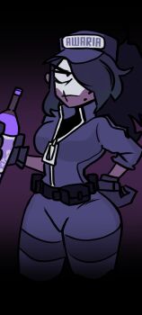  1girl alcohol annoyed awaria baba_yaga_(awaria) baseball_cap belt black_hair bottle breasts collared_jacket cowboy_shot doggyawoo gloves hair_over_one_eye hat high_collar highres holding holding_bottle jacket looking_at_viewer medium_breasts medium_hair one_eye_covered scar scar_on_face scar_on_mouth sidelocks skull_and_crossbones solo standing thighs utility_belt wallpaper_forced 