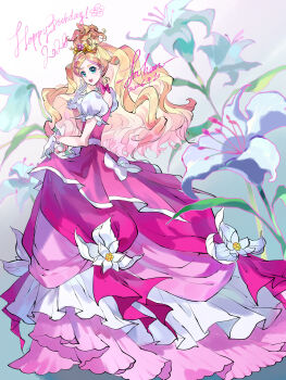  1girl 2026 absurdres aqua_eyes blonde_hair bow bow_choker chinese_commentary choker colored_tips commentary_request cure_flora cure_flora_(mode_elegant_lily) dated dress dress_bow dress_flower earrings english_text eyelashes floral_background flower flower_choker flower_earrings frilled_dress frilled_gloves frilled_sleeves frills full_body gloves go!_princess_precure gold_tiara gown gradient_background grey_background hair_bun hand_on_own_chest happy happy_birthday haruno_haruka highres holding_own_dress inhan jewelry lily_(flower) long_dress long_hair magical_girl multicolored_hair open_mouth pink_bow pink_dress pink_hair precure puffy_short_sleeves puffy_sleeves short_sleeves signature single_hair_bun smile solo square_neckline standing streaked_hair tareme two-tone_background two-tone_hair very_long_hair wavy_hair white_background white_flower white_gloves white_sleeves 