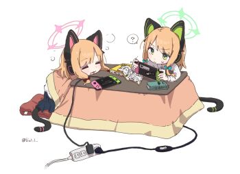  2girls ? animal_ear_headphones animal_ears blonde_hair blue_archive buivi cable cat_ear_headphones cat_ears cat_tail fake_animal_ears halo handheld_game_console headphones highres kotatsu midori_(blue_archive) momoi_(blue_archive) multiple_girls short_hair siblings simple_background sisters spoken_question_mark table tail twins white_background 