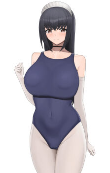  1girl absurdres bare_shoulders black_choker blue_one-piece_swimsuit blush breasts brown_eyes choker commentary_request covered_navel elbow_gloves gloves highres higofushi large_breasts long_hair looking_at_viewer maid_headdress one-piece_swimsuit original pantyhose pantyhose_under_swimsuit school_swimsuit simple_background solo swimsuit white_background white_gloves white_pantyhose 