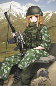 1girl absurdres armored_personnel_carrier armored_vehicle as_val assault_rifle blonde_hair blush boots bulletproof_vest chest_rig gun helmet highres holding holding_weapon kalashnikov_rifle keiita long_hair looking_at_viewer military military_combat_uniform military_uniform motor_vehicle mountain original ossetia pants radio_antenna red_eyes rifle russian_ground_forces scope sitting sniper_rifle snow soldier solo tactical_clothes vdv vss_vintorez weapon