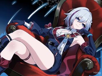  1girl arm_rest armchair bare_shoulders bilingual_commentary blue_background blue_eyes blue_gloves blue_hair blue_unitard breasts chair closed_mouth commentary crossed_legs diamond-shaped_pupils diamond_(shape) double-parted_bangs dutch_angle elbow_gloves elbow_rest english_commentary feet_out_of_frame gloves hair_between_eyes hair_ornament hand_up highres honkai:_star_rail honkai_(series) kurimako large_breasts legs looking_at_viewer medal mixed-language_commentary multicolored_hair on_chair purple_streaks short_hair sitting smile solo streaked_hair symbol-shaped_pupils thigh_strap topaz_(honkai:_star_rail) 