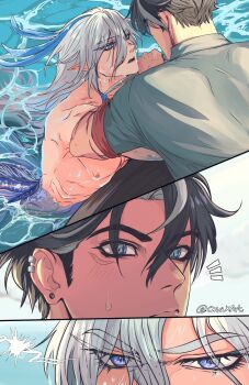  2boys absurdres black_hair blue_eyes blue_streaks blush boat commentary ear_piercing earrings english_commentary fisherman genshin_impact grey_hair grey_shirt highres holding holding_knife jewelry knife long_hair looking_at_another male_focus merman monster_boy monsterification multiple_boys naya_(onaxart) neuvillette_(genshin_impact) nipples notice_lines on_boat partially_submerged piercing shirt sideburns toned toned_male twitter_username upper_body watercraft wet white_hair wriothesley_(genshin_impact) yaoi 