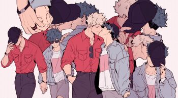  2boys 5mll3 bakugou_katsuki black_pants blue_jacket boku_no_hero_academia bracelet breast_pocket closed_mouth collarbone collared_jacket collared_shirt covered_eyes crew_neck freckles grey_background grey_shorts hand_in_pocket holding_hands jacket jewelry kiss kissing_cheek male_focus midoriya_izuku multiple_boys multiple_views open_clothes open_jacket open_shirt pants pocket red_shirt ring shirt shirt_tucked_in shorts simple_background smile sunglasses unworn_eyewear watch wing_collar wristwatch yaoi 