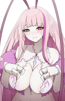  1girl absurdres antenna_hair antennae arthropod_girl arthropod_limbs breasts cleavage cleavage_cutout clothing_cutout cockroach_girl daydarion dress facial_mark fur-trimmed_dress fur_trim highres huge_breasts indie_virtual_youtuber large_breasts long_hair looking_at_viewer matara_kan mature_female mole mole_on_breast monster_girl navel pink_eyes pink_hair very_long_hair virtual_youtuber white_background 