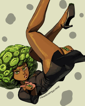  1girl adapted_costume afro alternate_costume alternate_hair_length alternate_hairstyle alternate_skin_color ass big_hair black_dress black_shoes breasts dark-skinned_female dark_skin darkened_skin detached_sleeves dress fingernails floating frown full_body green_eyes green_hair green_nails high_heels highres index_finger_raised ironicnotsavage levitation light-skinned_palms long_fingernails nail_polish one-punch_man petite pointing pointing_at_viewer shoes short_dress side_slit small_breasts solo tatsumaki upside-down v-shaped_eyebrows very_dark_skin 