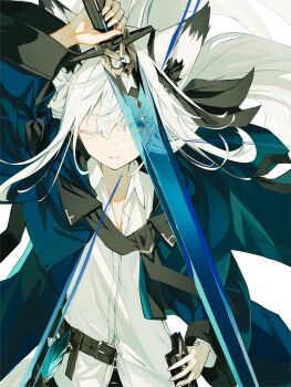  1girl animal_ear_fluff animal_ears belt black_belt blue_jacket book book_holster bow collared_shirt crossed_bangs double-parted_bangs ear_bow ear_ornament extra_ears fox_ears fox_girl fox_tail highres holding holding_sheath holding_sword holding_weapon jacket long_hair looking_at_viewer nagishiro_mito one_eye_closed original quill scabbard sheath shirt sidelocks simple_background solo sword tail transparent_sword upper_body weapon white_background white_hair white_shirt wide_sleeves yellow_eyes 