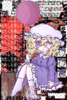  1girl abstract abstract_background balloon blonde_hair collared_dress commentary commentary_request dress expressionless facing_ahead frilled_dress frills full_body hat highres holding holding_balloon holding_rod knees_together_feet_apart knees_up maribel_hearn medium_hair mob_cap purple_dress purple_eyes purple_hat purple_socks rod single_empty_eye sitting sleepwalk_zzz socks solo text_background touhou transmission_tower 