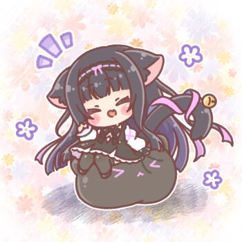  >_< 1girl :d ^_^ animal_ear_fluff animal_ears bell black_dress black_hair black_hairband black_shoes black_thighhighs blush_stickers cat_ears cat_girl cat_tail chibi closed_eyes commentary_request commission copyright_request dress facing_viewer fang floral_background hairband highres jingle_bell long_hair long_sleeves mitarashi_neko multicolored_hair notice_lines open_mouth puffy_long_sleeves puffy_sleeves purple_hair shirt shoes sitting skeb_commission smile solo tail thighhighs two-tone_hair very_long_hair virtual_youtuber white_shirt 