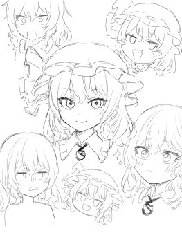  1girl :< blush closed_mouth collared_shirt commentary_request fang frilled_shirt_collar frills greyscale hat hat_ribbon highres homura_(homura_me) medium_hair mob_cap monochrome multiple_expressions multiple_views no_headwear open_mouth remilia_scarlet ribbon shirt sketch smile smug touhou yukkuri_shiteitte_ne 