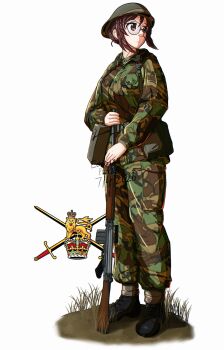 1girl absurdres artist_name battle_rifle black-framed_eyewear black_boots boots breast_pocket british_army brown_eyes brown_hair camouflage closed_mouth cold_war combat_helmet dated edward_y_brad fn_fal full_body girls_und_panzer glasses grass gun hair_bun helmet highres holding holding_gun holding_weapon l1a1 military military_combat_uniform military_fatigues military_uniform nilgiri_(girls_und_panzer) pocket rifle round_eyewear sidelocks simple_background solo standing watermark weapon white_background woodland_camouflage