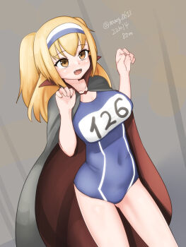  1girl absurdres black_cape blue_one-piece_swimsuit breasts brown_eyes brown_hair cape character_name commentary_request covered_navel cowboy_shot fangs hairband highres i-26_(kancolle) kantai_collection large_breasts long_hair maru_(marg0613) multicolored_hairband name_tag new_school_swimsuit one-piece_swimsuit school_swimsuit solo swimsuit two-tone_hairband two_side_up vampire 