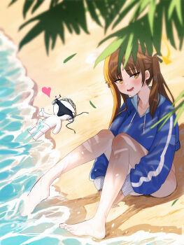  1boy 1girl absurdres backlighting bare_legs barefoot beach bikini black_bikini blue_archive blue_hoodie blurry blush bottomless brown_hair chinese_commentary collarbone commentary_request convenient_arm cropped_hoodie day depth_of_field doodle_sensei_(blue_archive) drooling eyes_visible_through_hair feet full_body halo heart hetero highres hood hood_down hoodie knees_together_feet_apart knees_up legs long_hair long_sleeves looking_at_viewer lower_teeth_only lying moe_(blue_archive) moe_(swimsuit)_(blue_archive) mouth_drool ocean official_alternate_costume on_back open_mouth outdoors palm_leaf parted_bangs pervert sensei_(blue_archive) shangdi_de_fa_zhang sitting smile soaking_feet solo_focus straight_hair swimsuit teeth thumbs_up toenails toes twintails unworn_bikini_bottom wet yellow_eyes yellow_halo 