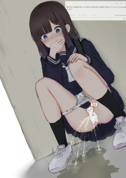  1girl black_hair black_socks blue_eyes blue_sailor_collar blue_serafuku blue_shirt blue_skirt blush censored covering_own_mouth dutch_angle full_body hand_on_own_knee hand_up highres kanekan long_sleeves medium_hair necktie nose_blush novelty_censor original panties panty_pull parted_bangs pee pee_puddle peeing polka_dot polka_dot_panties sailor_collar school_uniform serafuku shirt shoes skirt sneakers socks solo squatting sweat underwear wet wet_clothes wet_panties white_necktie white_panties white_shoes 